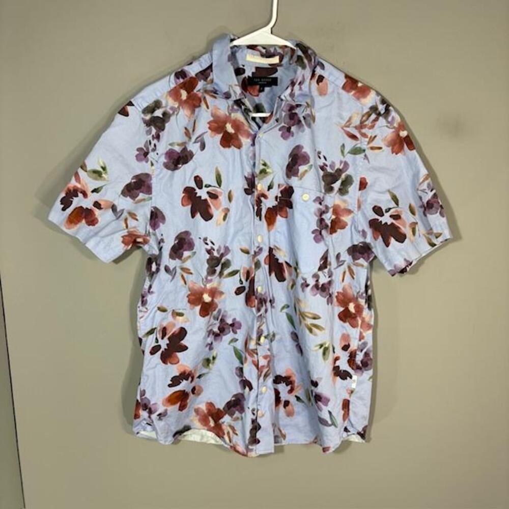 Ted Baker Shirt Mens Large Blue Floral Short Sleeve Button Up Cotton Casual